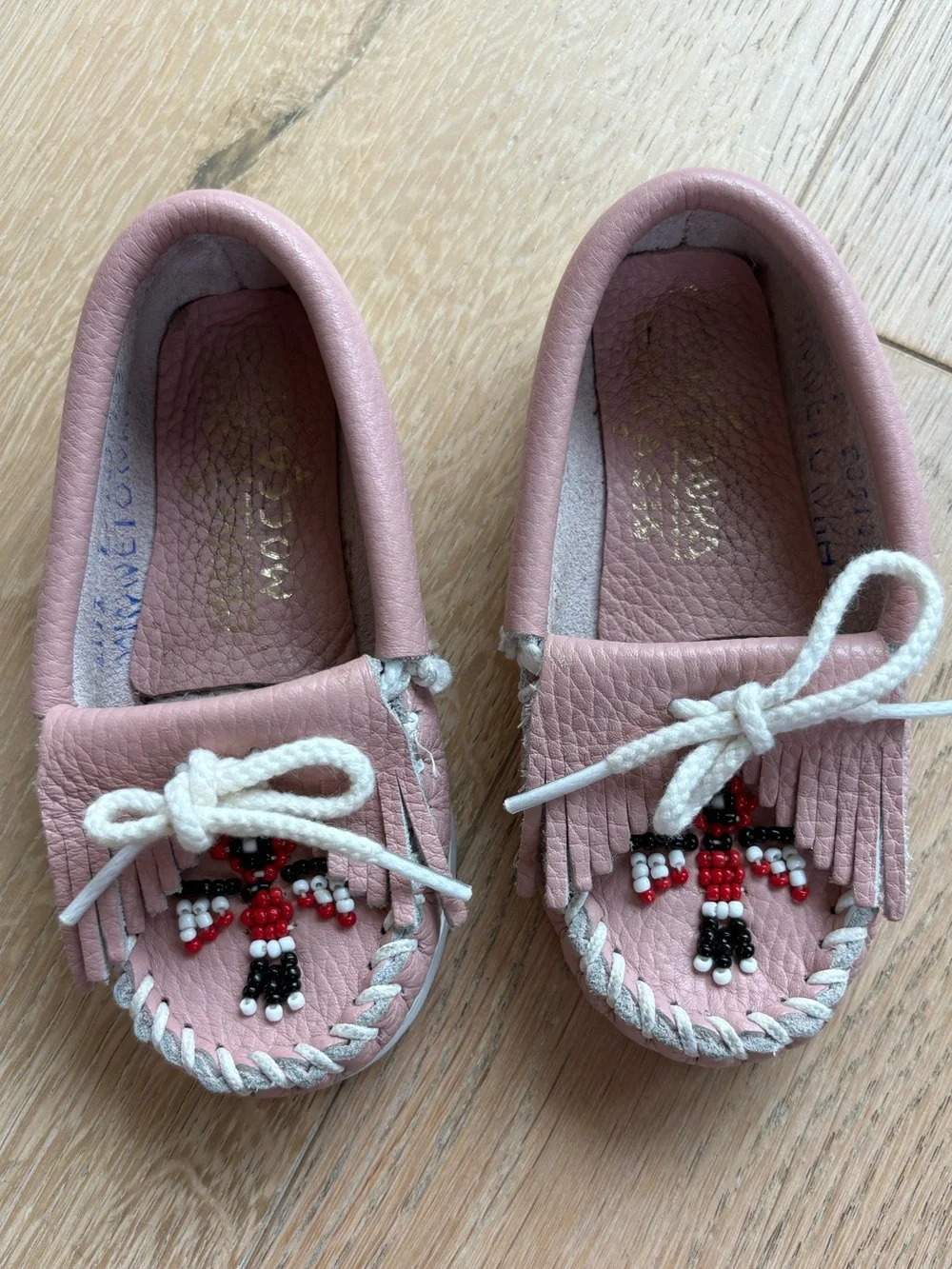 Kids Pink Beaded Fringe Minnetonka Moccasin Loafers